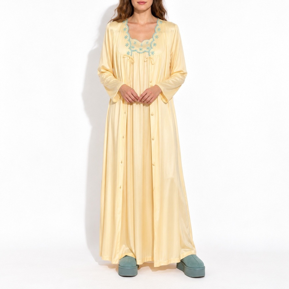 70s Vintage Embroidered Nightgown Set M Yellow Scalloped Robe Maxi Loungewear